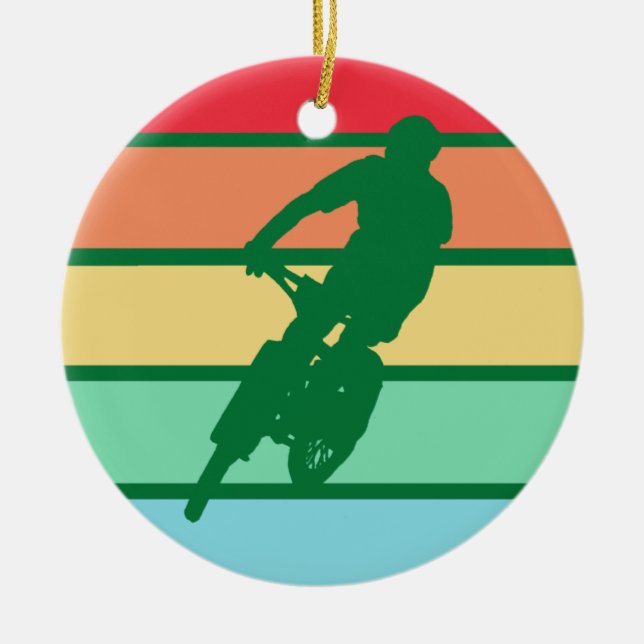 Mountain Biking on Retro Stripes ornament (Front)