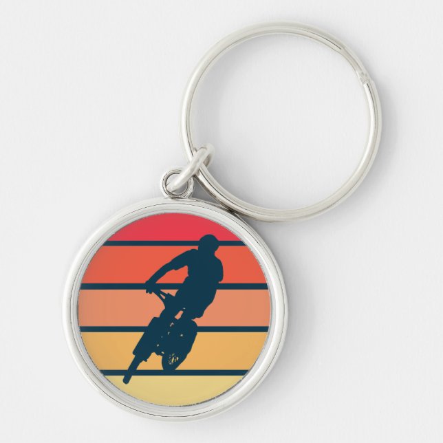 Mountain Biking on Retro Sunset Stripe keychain (Front)
