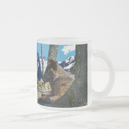 Mountain Black Wolf Resting by Trees Wildlife Art Frosted Glass Coffee Mug