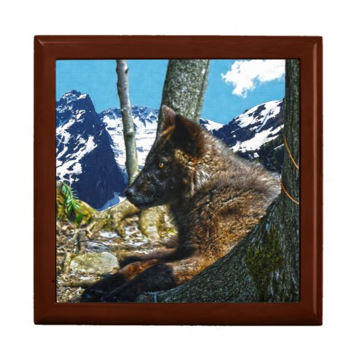 Mountain Black Wolf Resting by Trees Wildlife Art Keepsake Box