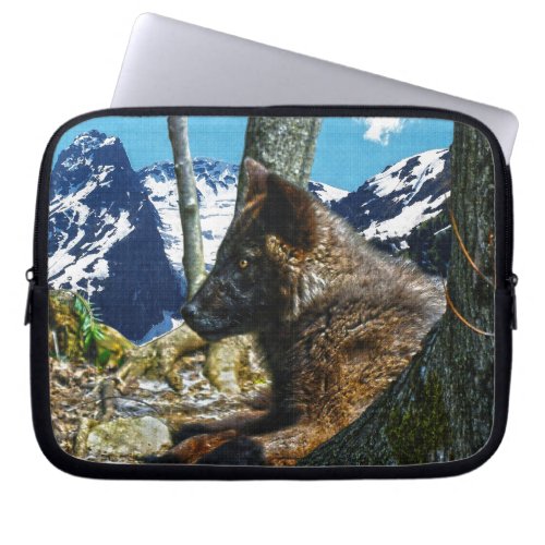 Mountain Black Wolf Resting by Trees Wildlife Art Laptop Sleeve