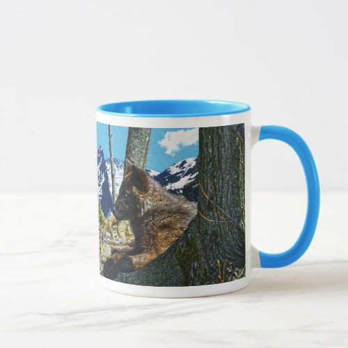 Mountain Black Wolf Resting by Trees Wildlife Art Mug