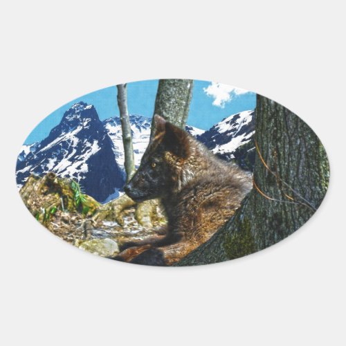 Mountain Black Wolf Resting by Trees Wildlife Art Oval Sticker