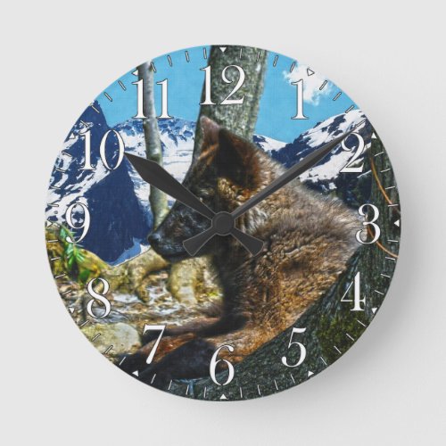 Mountain Black Wolf Resting by Trees Wildlife Art Round Clock
