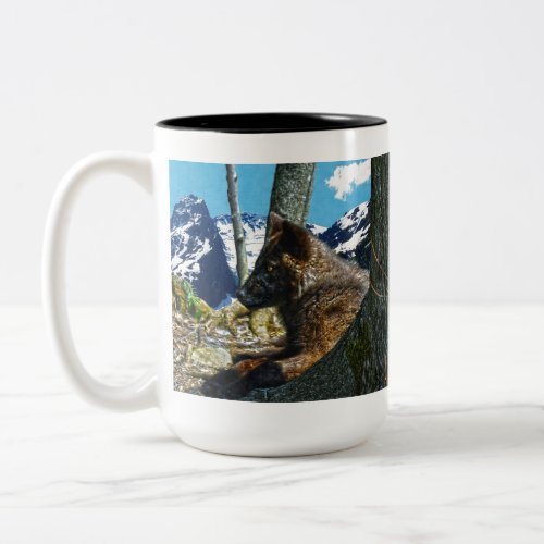 Mountain Black Wolf Resting by Trees Wildlife Art Two_Tone Coffee Mug