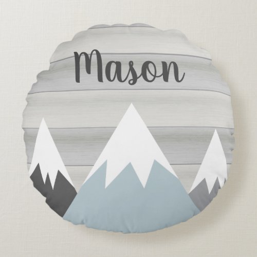 Mountain Blanket with Name Wooden Adventure Round Pillow