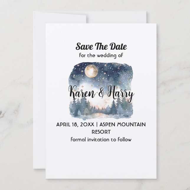 Mountain Blue Pine Moon Star Save The Date Wedding Invitation (Front)