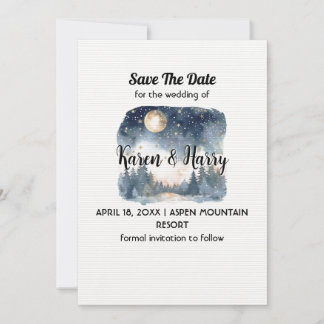 Mountain Blue Pine Moon Star Save The Date Wedding Invitation