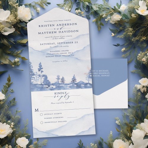 Mountain Blue Rustic Woodland Watercolor Wedding All In One Invitation