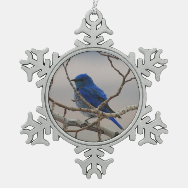 Mountain Bluebird Snowflake Pewter Christmas Ornament (Front)