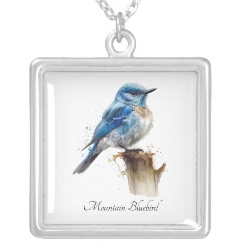 mountain bluebird watercolor customizable silver plated necklace