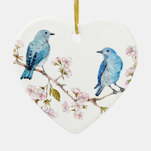 Mountain Bluebirds on Sakura Branch Ceramic Ornament