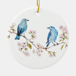 Mountain Bluebirds on Sakura Branch Ceramic Ornament