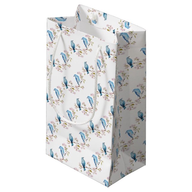 Mountain Bluebirds on Sakura Branch Small Gift Bag (Front Angled)