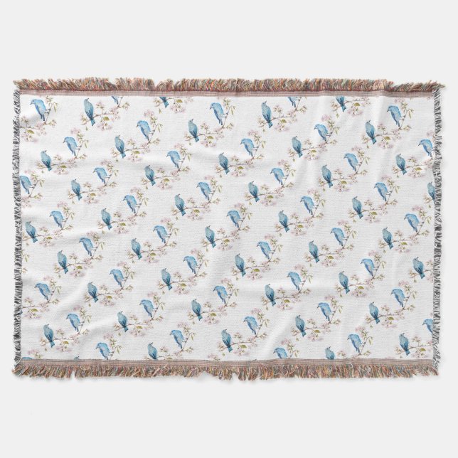 Mountain Bluebirds on Sakura Branch Throw Blanket (Front)