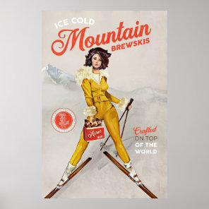 "Mountain Brewskis" Cool Retro Ski Pinup Art Poster