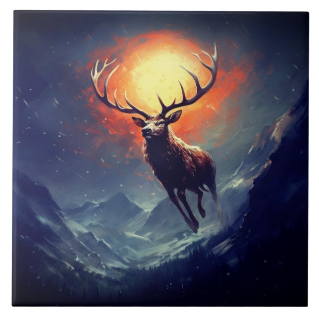Mountain Buck Running From Blazing Fire   Ceramic Tile (Front)