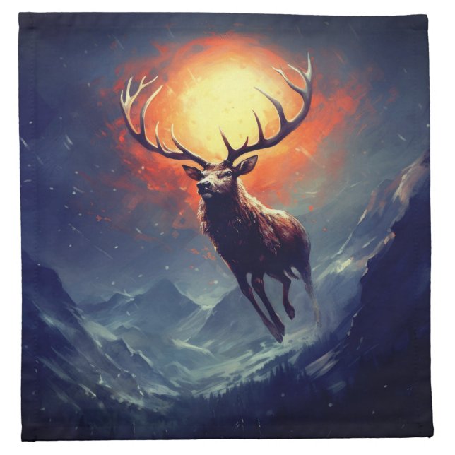Mountain Buck Running From Blazing Fire   Cloth Napkin (Front)