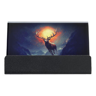 Mountain Buck Running From Blazing Fire   Desk Business Card Holder