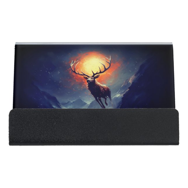 Mountain Buck Running From Blazing Fire   Desk Business Card Holder (Front)
