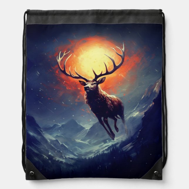 Mountain Buck Running From Blazing Fire   Drawstring Bag (Front)