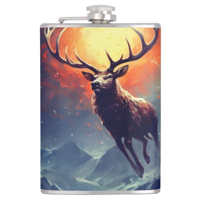 Mountain Buck Running From Blazing Fire   Flask (Front)