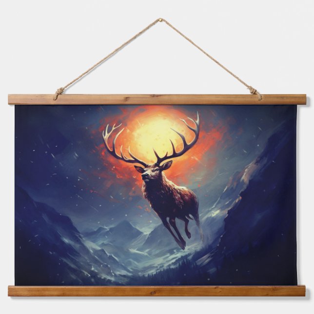 Mountain Buck Running From Blazing Fire   Hanging Tapestry (Front)