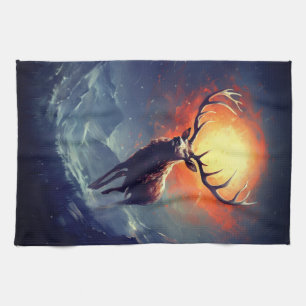 Mountain Buck Running From Blazing Fire Kitchen Towel