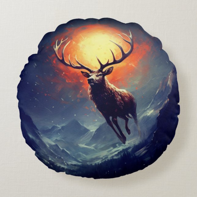 Mountain Buck Running From Blazing Fire   Round Pillow (Front)