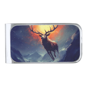 Mountain Buck Running From Blazing Fire Silver Finish Money Clip