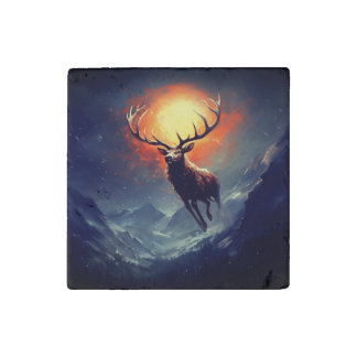 Mountain Buck Running From Blazing Fire   Stone Magnet