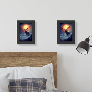 Mountain Buck Running From Blazing Fire Wall Art Sets