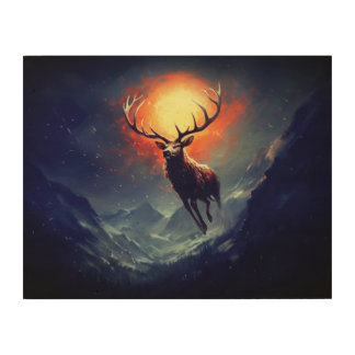 Mountain Buck Running From Blazing Fire Wood Wall Art