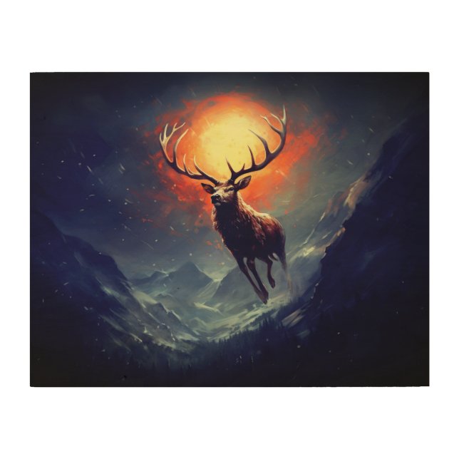 Mountain Buck Running From Blazing Fire   Wood Wall Art (Front)