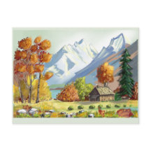 Mountain cabin autumn colors. painting.