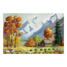 Mountain cabin autumn colors. Painting.