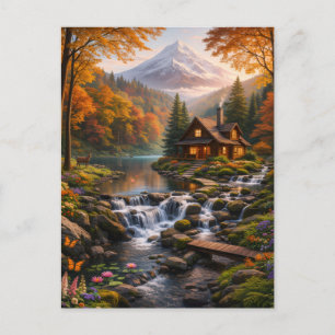 Mountain Cabin in Autumn Glow Serene Nature Invitation Postcard