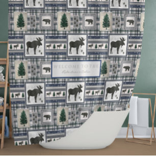 Mountain Cabin Moose Bear Trees Blue n Green Hygge Shower Curtain
