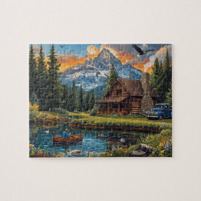 Mountain Cabin Morning Calm Jigsaw Puzzle (Horizontal)
