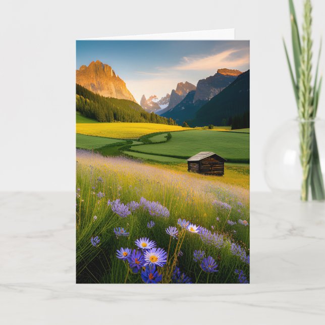Mountain Cabin With Wildflowers For Birthday Card (Front)