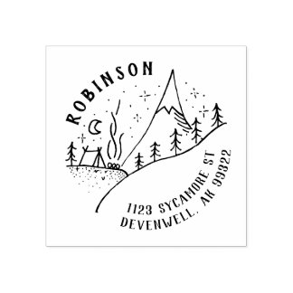 Mountain Campfire & Starry Night Sketch Address Rubber Stamp