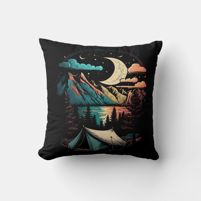 Mountain Camping Landscape Throw Pillow (Front)