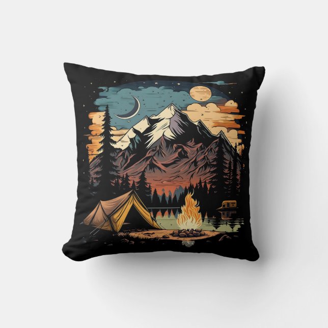 Mountain Camping Throw Pillow (Front)