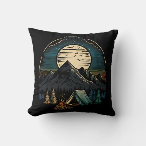 Mountain Camping Under Moon Throw Pillow
