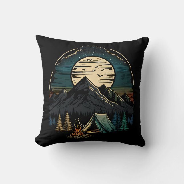 Mountain Camping Under Moon Throw Pillow (Front)