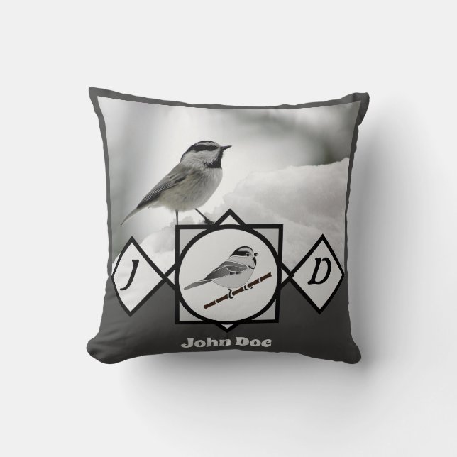 Mountain Chickadee Monogram Photo Name Throw Pillow (Front)