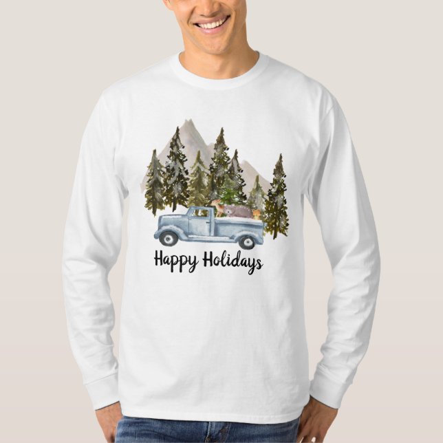 Mountain Christmas with Truck, Trees and Animals T-Shirt (Front)