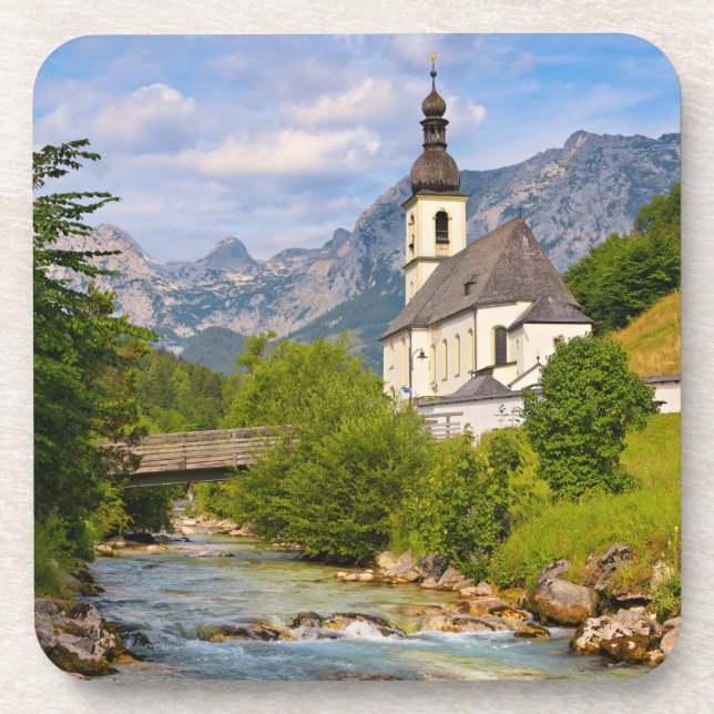Mountain church with stream landscape beverage coaster (Front)