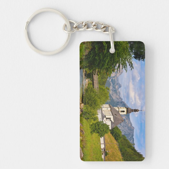 Mountain church with stream landscape keychain (Front)
