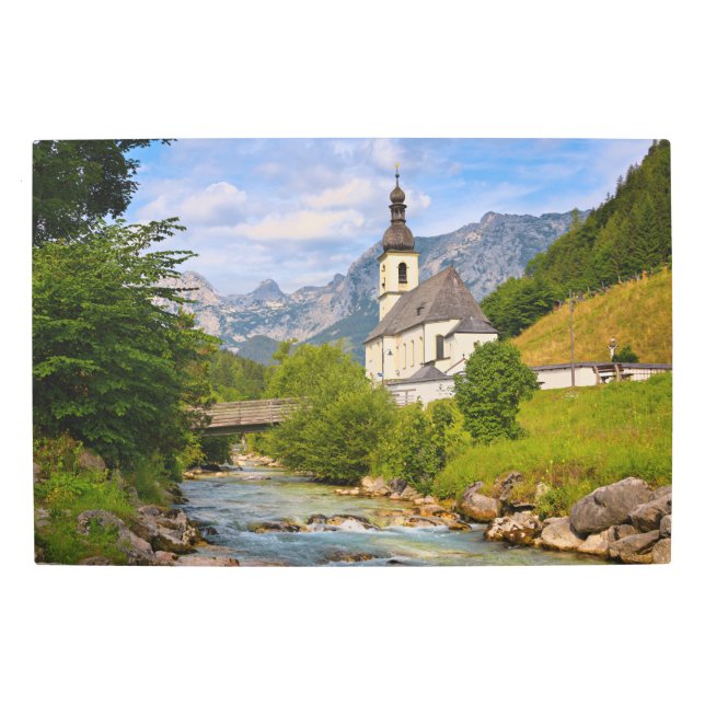 Mountain church with stream landscape metal print (Front)